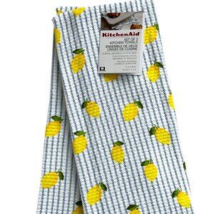 KitchenAid 2 Pc Kitchen Dish Towel Set Citrus Lemons Striped 100% Cotton NWT